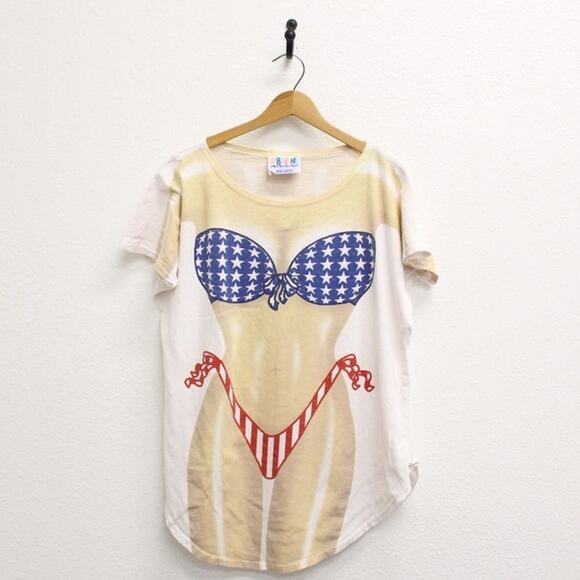 Vintage Bikini Bod American Flag Cover Up T Shirt XL